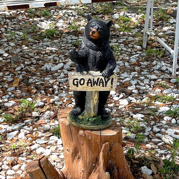 Rude Black Bear Statue with Go Away Sign 15 Resin Outdoor Garden Cabin Decor